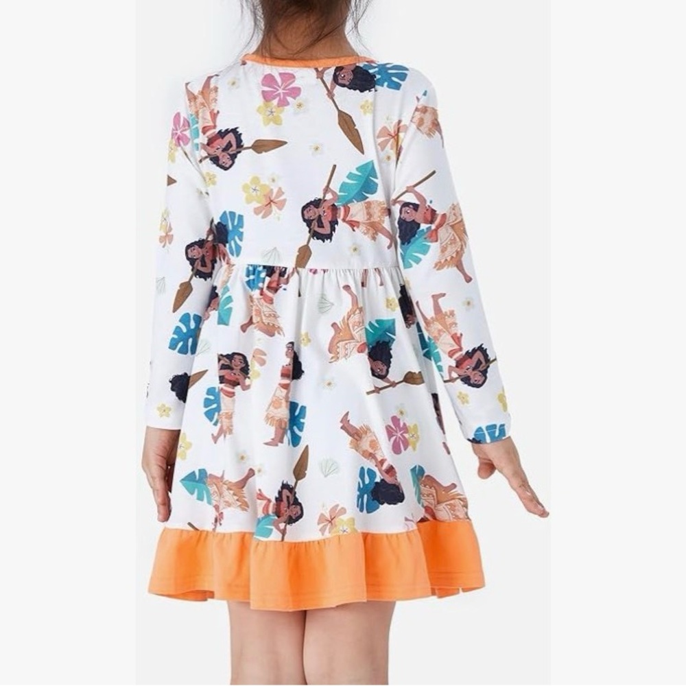 Disney Princess Moana Floral Toddler Girl Dress A Line Long Sleeve Kids Casual - Picture 4 of 8